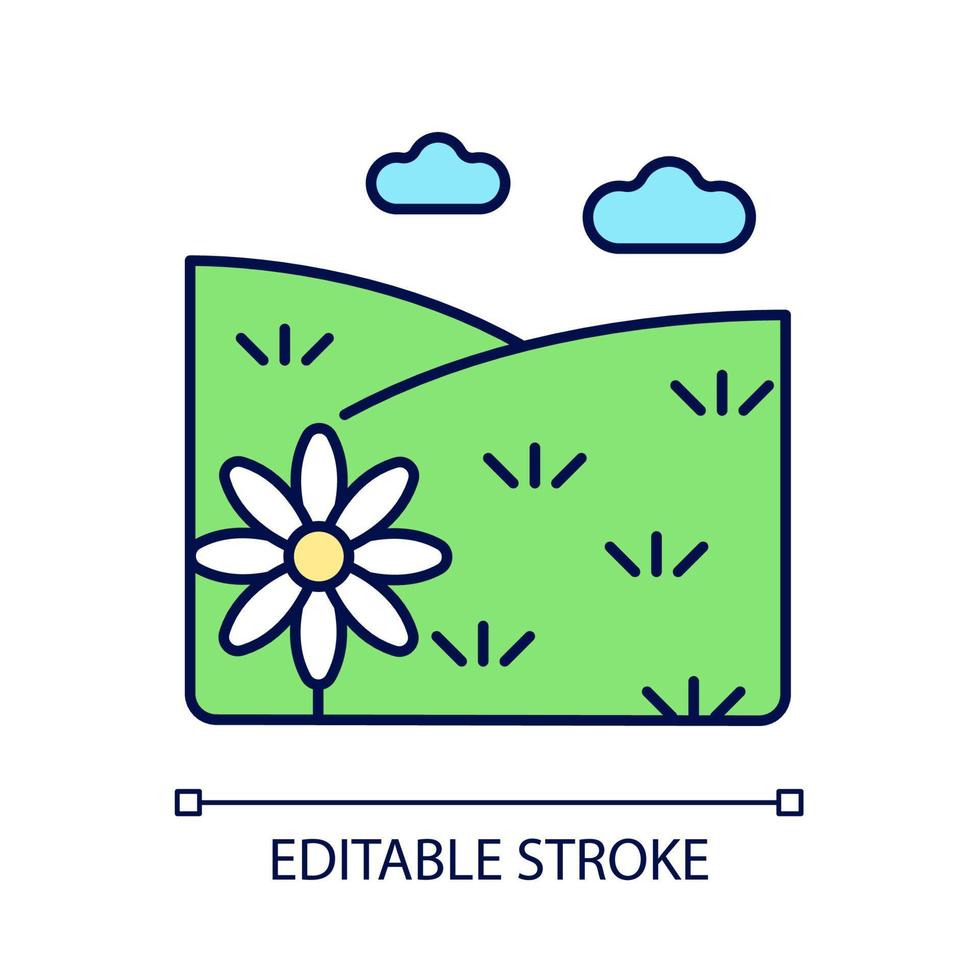 Meadow RGB color icon. Grass covered open land. Field with flowers. Grassland and pastureland. Herb vegetated plain terrain. Isolated vector illustration. Simple filled line drawing. Editable stroke