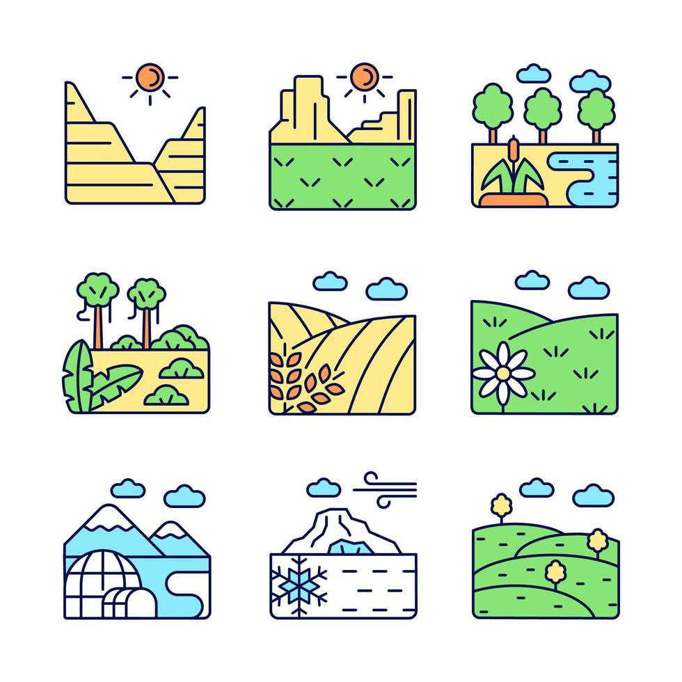 Biomes and landforms RGB color icons set. Dry and moist climate zones. Northern and southern regions. Isolated vector illustrations. Simple filled line drawings collection. Editable stroke