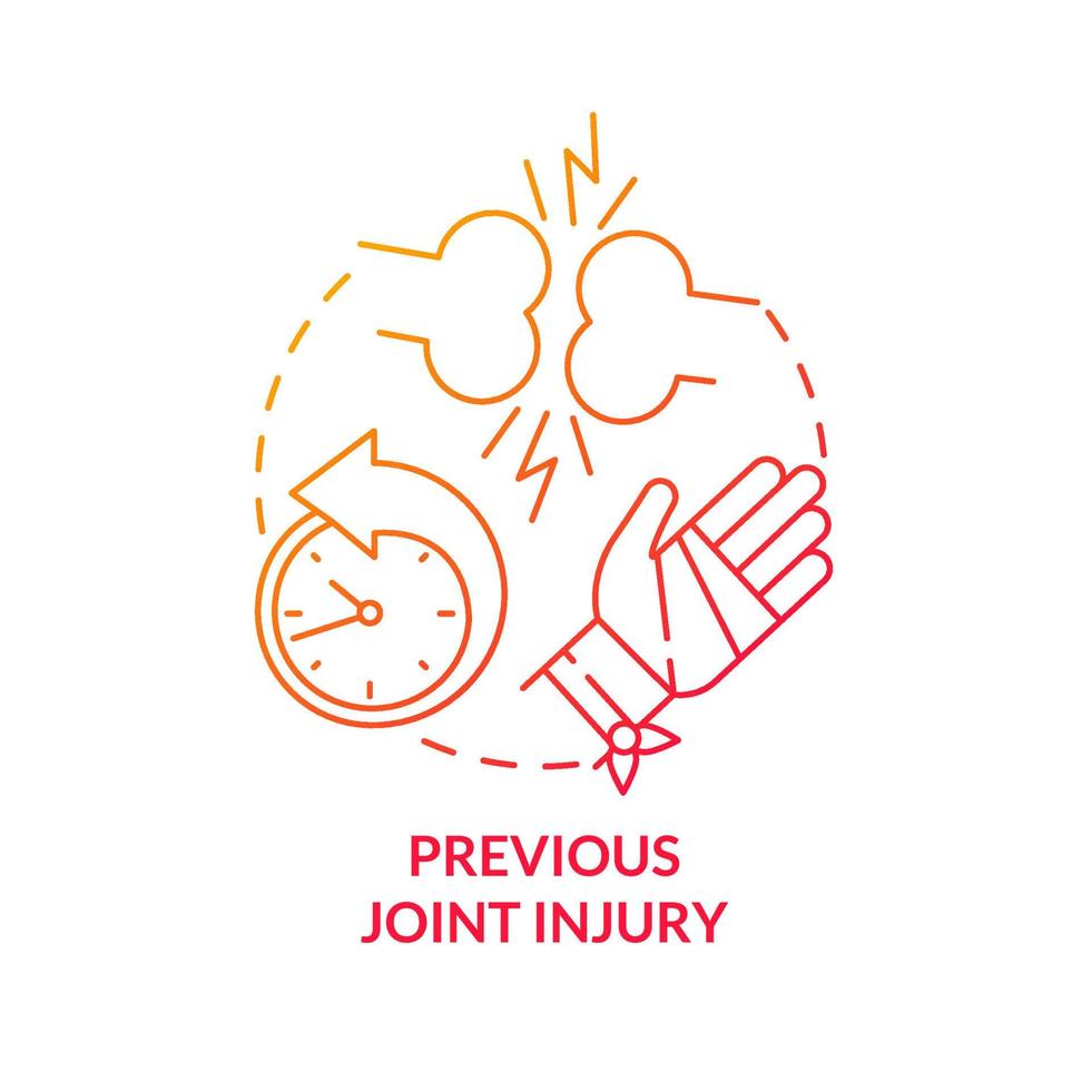 Previous joint injury red gradient concept icon. Arthritis risk factor abstract idea thin line illustration. Bones trauma can lead to disease. Vector isolated outline color drawing
