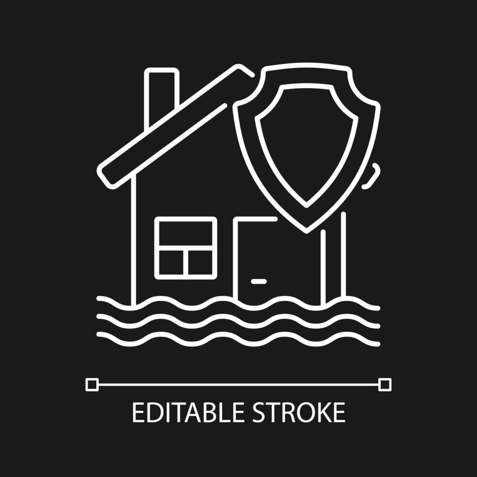 Flood insurance white linear icon for dark theme. Protect property from disaster. Thin line customizable illustration. Isolated vector contour symbol for night mode. Editable stroke. Arial font used