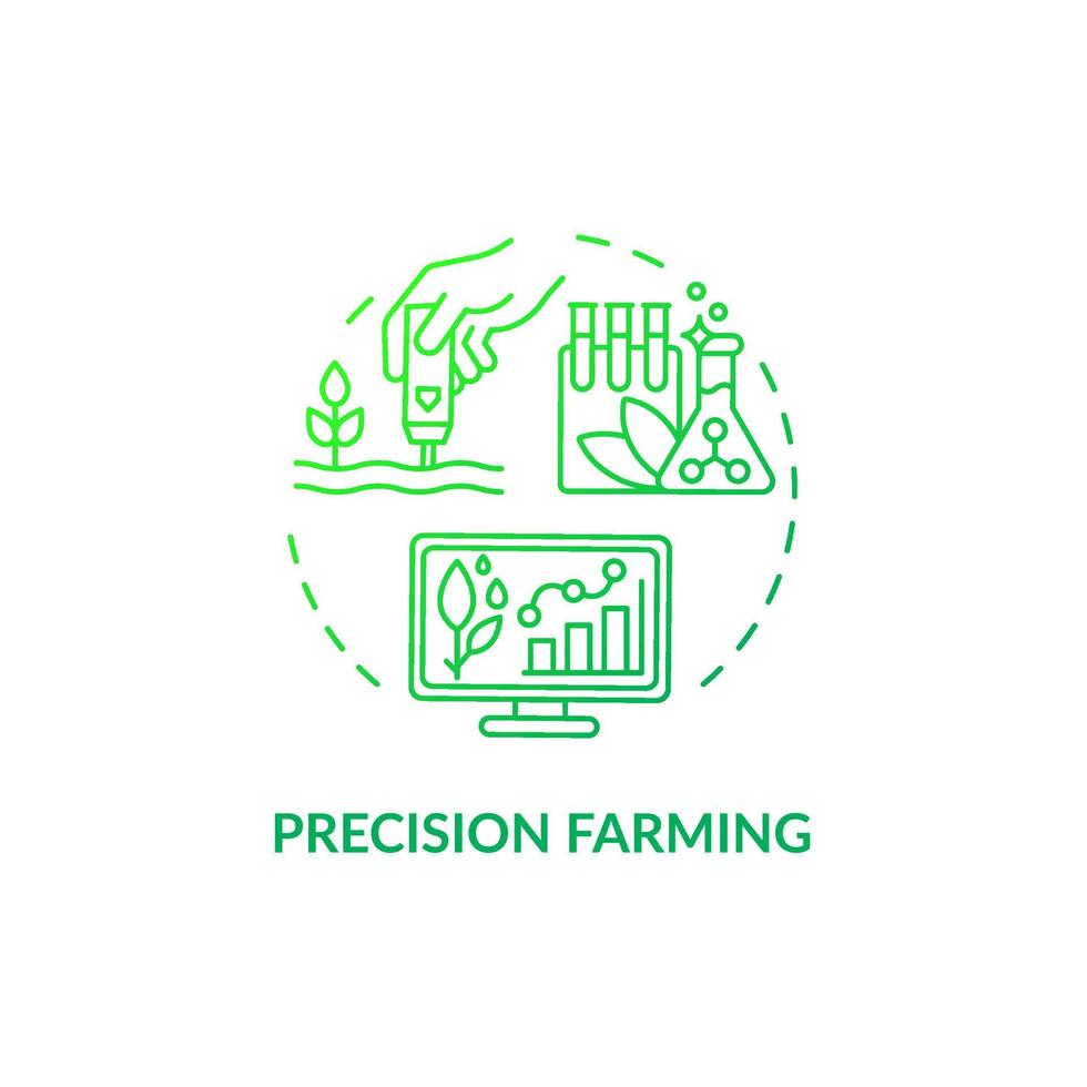 Precision farming green gradient concept icon. Crop production management abstract idea thin line illustration. Field data analysis. Isolated outline drawing. Roboto-Medium, Myriad Pro-Bold fonts used vector