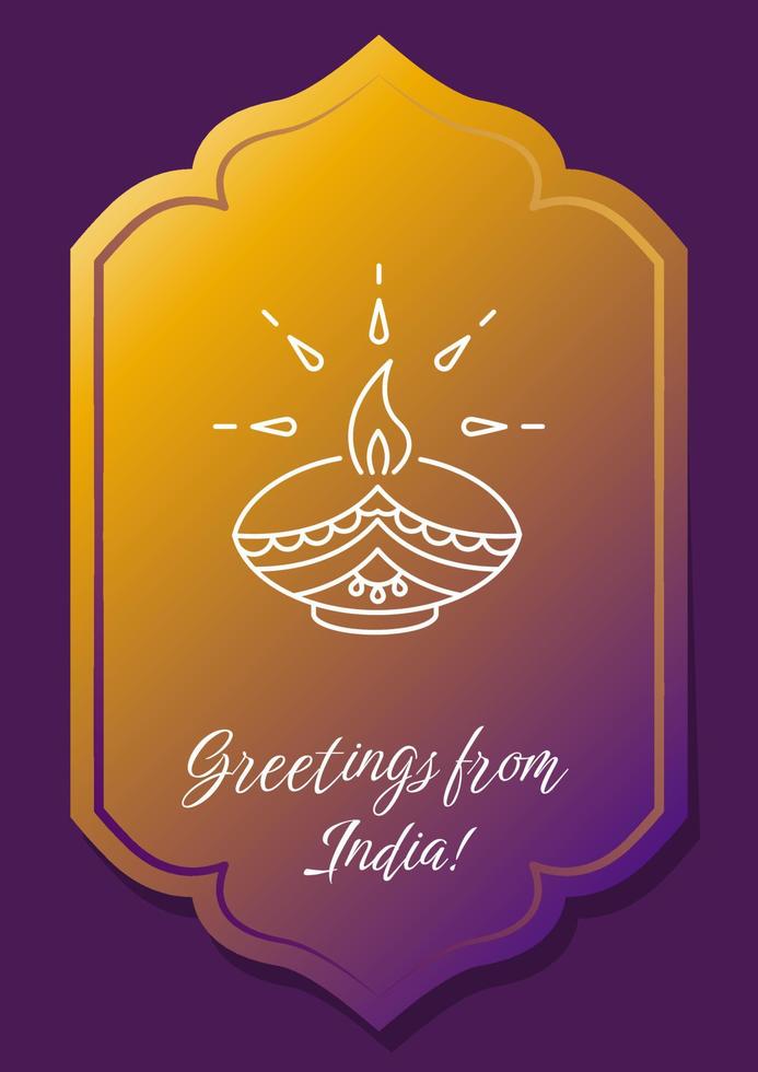 Hello from India postcard with linear glyph icon. Indian travel card. Greeting card with decorative vector design. Simple style poster with creative lineart illustration. Flyer with holiday wish