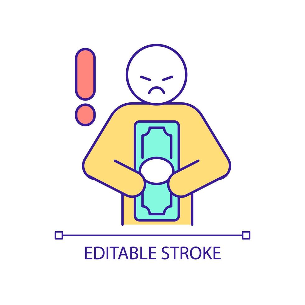 Defaulter alert RGB color icon. Theft awareness. Greedy person with dollar bill. Bill debt collection. Isolated vector illustration. Simple filled line drawing. Editable stroke. Arial font used