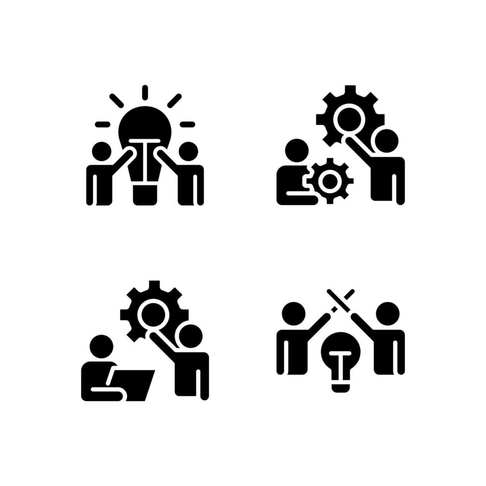 Successful teamwork black glyph icons set on white space. New ideas. Coordination and collaboration. Professional partnership. Silhouette symbols. Solid pictogram pack. Vector isolated illustration