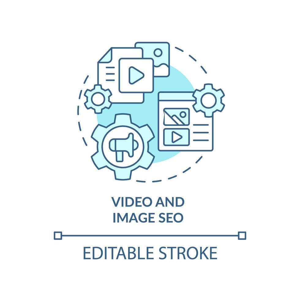 Video and image SEO turquoise concept icon. Current digital marketing trend abstract idea thin line illustration. Isolated outline drawing. Editable stroke. Arial, Myriad Pro-Bold fonts used vector