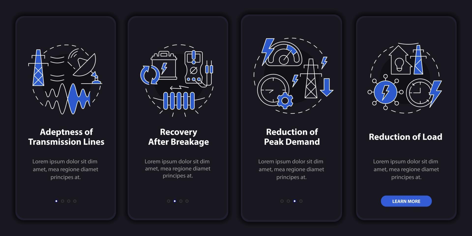 Applications of smart grid night mode onboarding mobile app screen. Power walkthrough 4 steps graphic instructions pages with linear concepts. UI, UX, GUI template. Myriad Pro-Bold, Regular fonts used vector