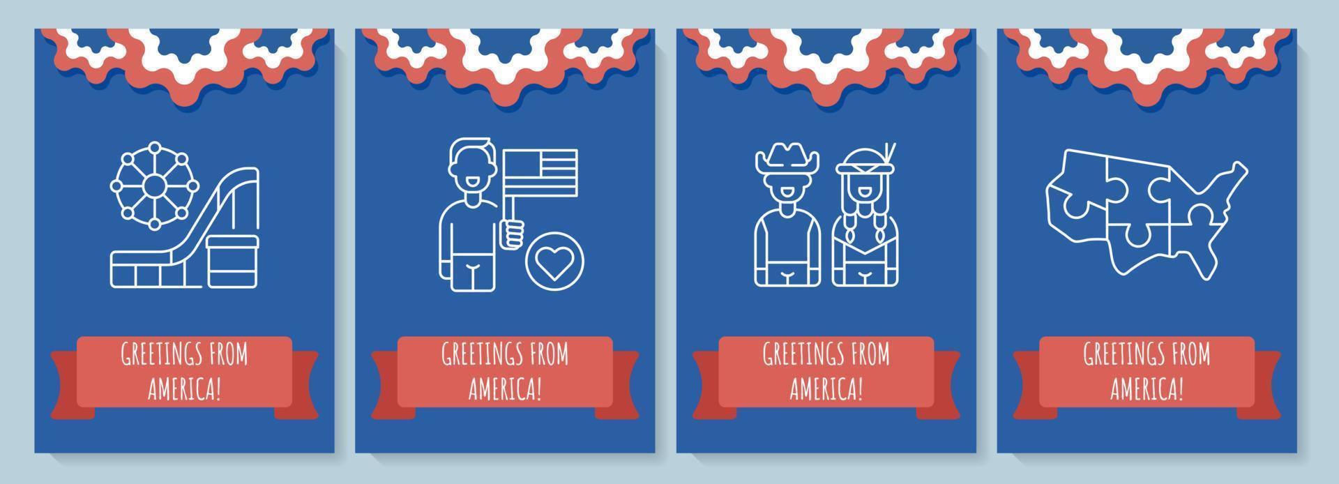 Greetings from USA postcard with linear glyph icon set. Greeting card with decorative vector design. Simple style poster with creative lineart illustration. Flyer with holiday wish
