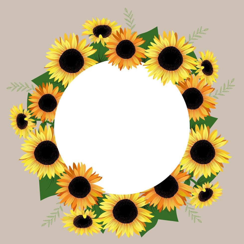 Wreath of yellow blooming sunflowers, inside empty space, vector