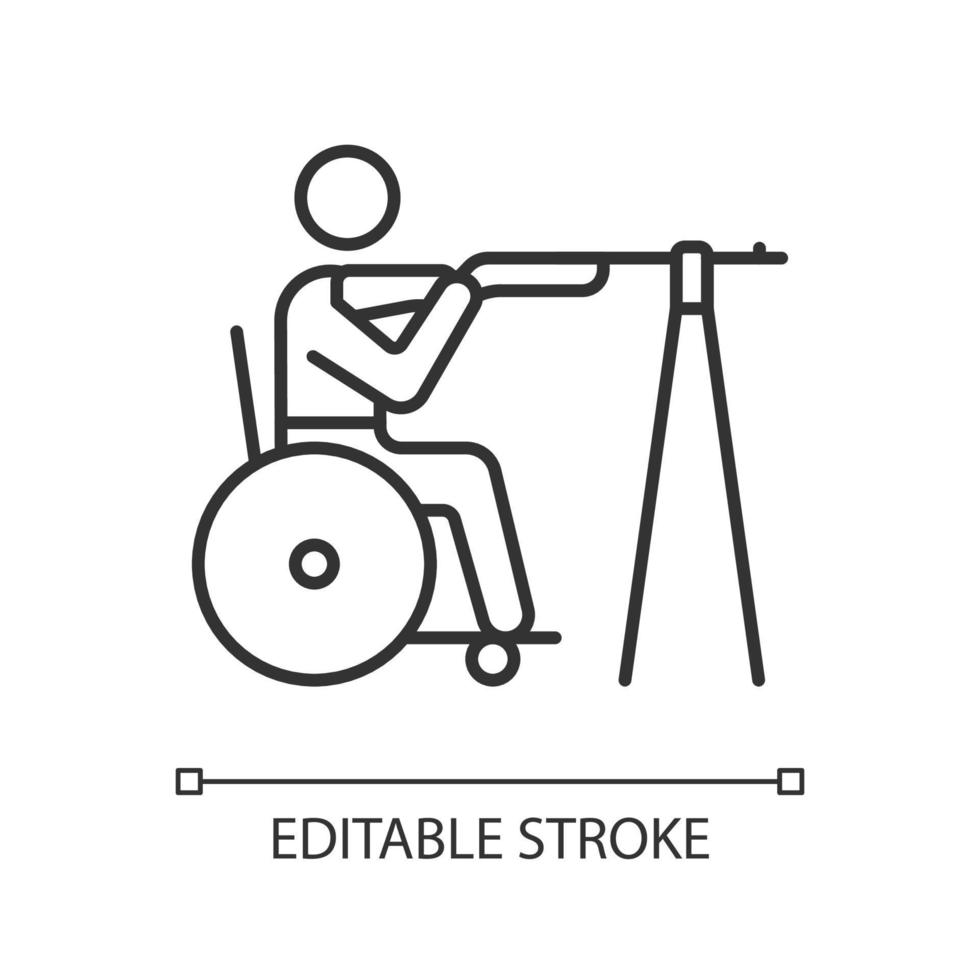 Wheelchair shooting linear icon. Hitting targets from distance. Sportsman with disability. Thin line customizable illustration. Contour symbol. Vector isolated outline drawing. Editable stroke
