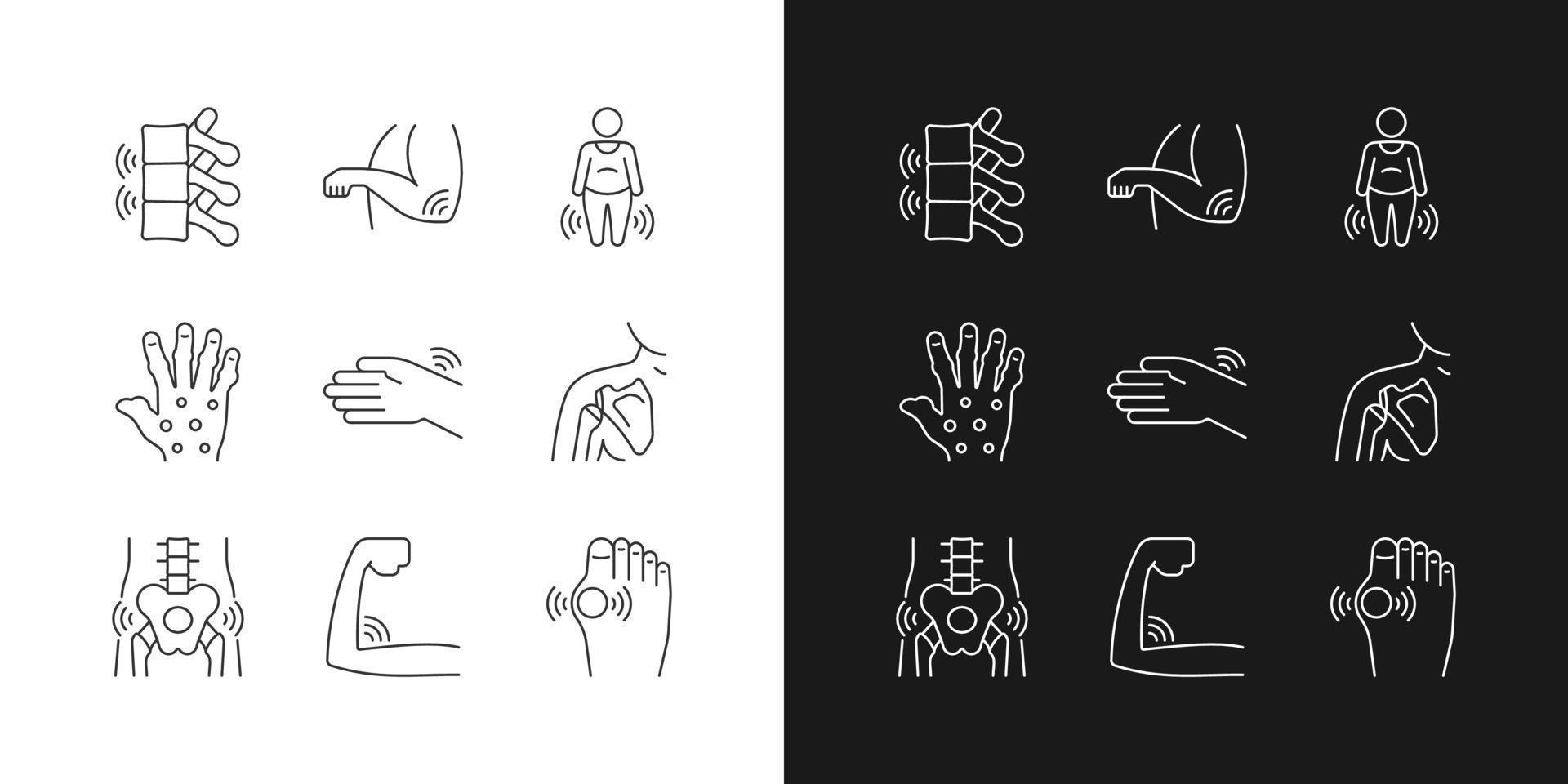 Joint inflammation linear icons set for dark and light mode. Rheumatoid arthritis. Swelling in ligaments. Customizable thin line symbols. Isolated vector outline illustrations. Editable stroke