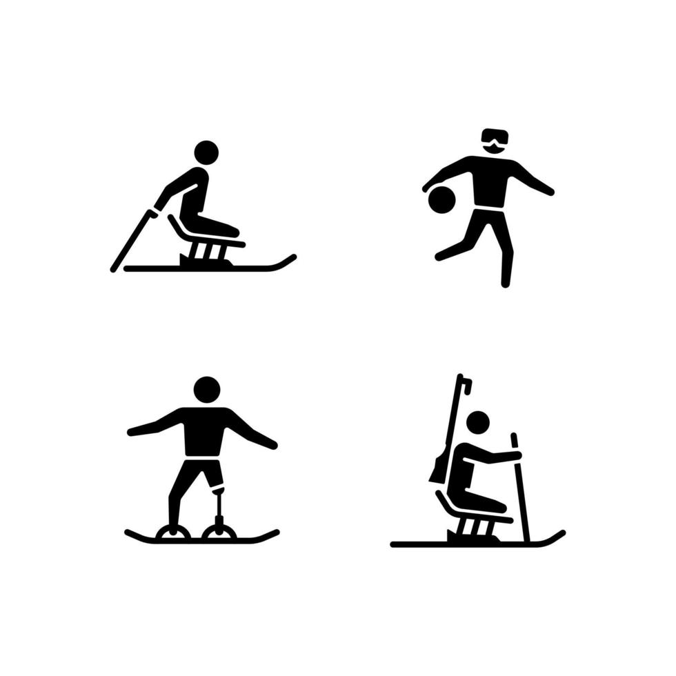 iconos de glifo negro de atletismo de temporada de invierno establecidos en el espacio en blanco. disciplinas competitivas adaptativas. deportes con equipo. deportistas discapacitados. símbolos de silueta. ilustración vectorial aislada vector