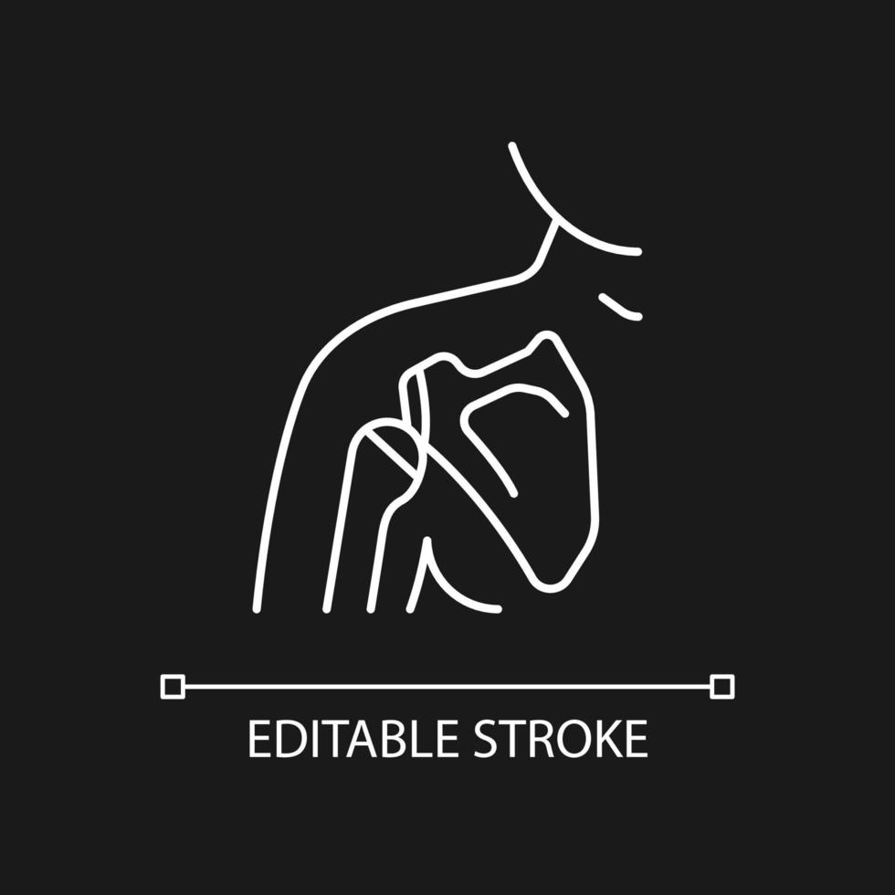 Joint dislocation white linear icon for dark theme. Dislocated shoulder. Muscles weakening. Thin line customizable illustration. Isolated vector contour symbol for night mode. Editable stroke