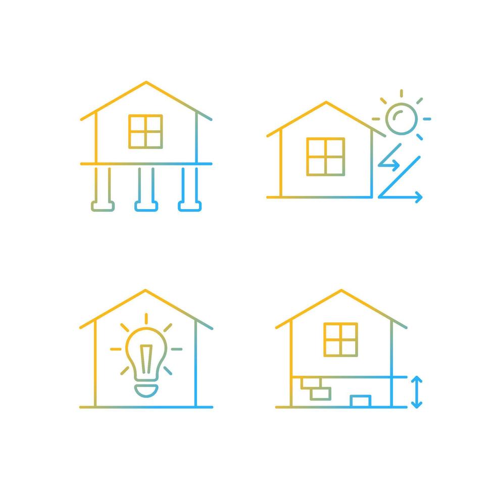 Residential building gradient linear vector icons set. Pile foundation. Thermal insulation. Electricity supply to home. Thin line contour symbols bundle. Isolated outline illustrations collection