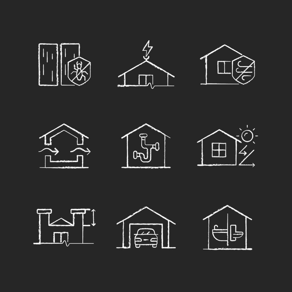 Home building standards chalk white icons set on dark background. Pest management. Lightning rod. Weather resistance. Ventilation. Heat insulation. Isolated vector chalkboard illustrations on black