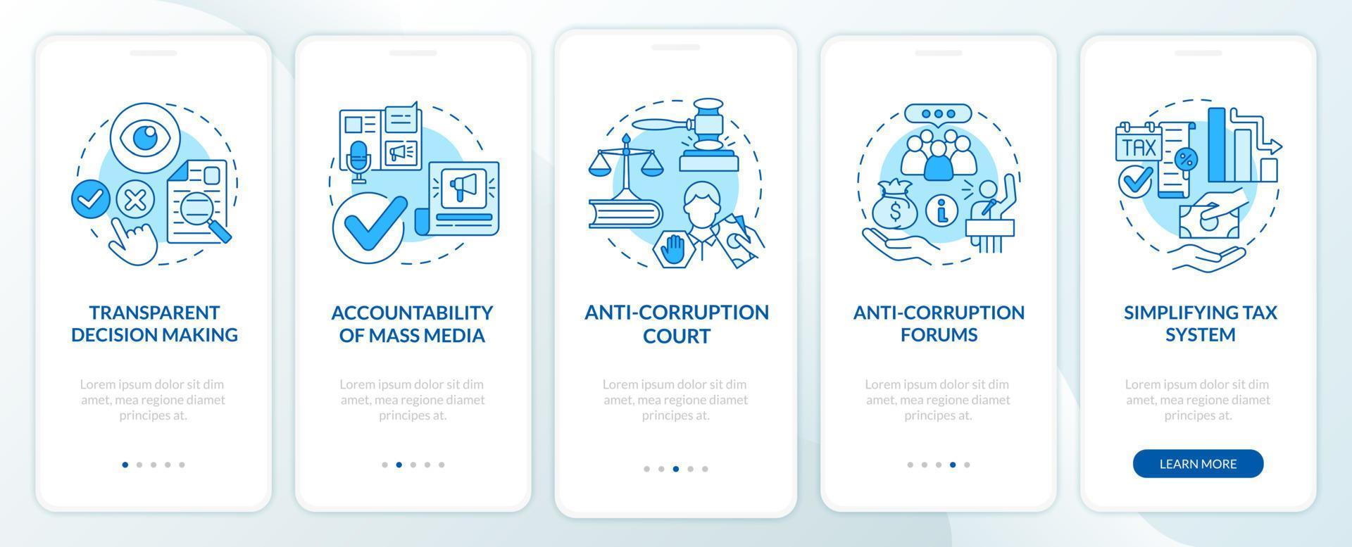 Fighting corruption onboarding blue mobile app page screen. Accountability and trust walkthrough 5 steps graphic instructions with concepts. UI, UX, GUI vector template with linear color illustrations