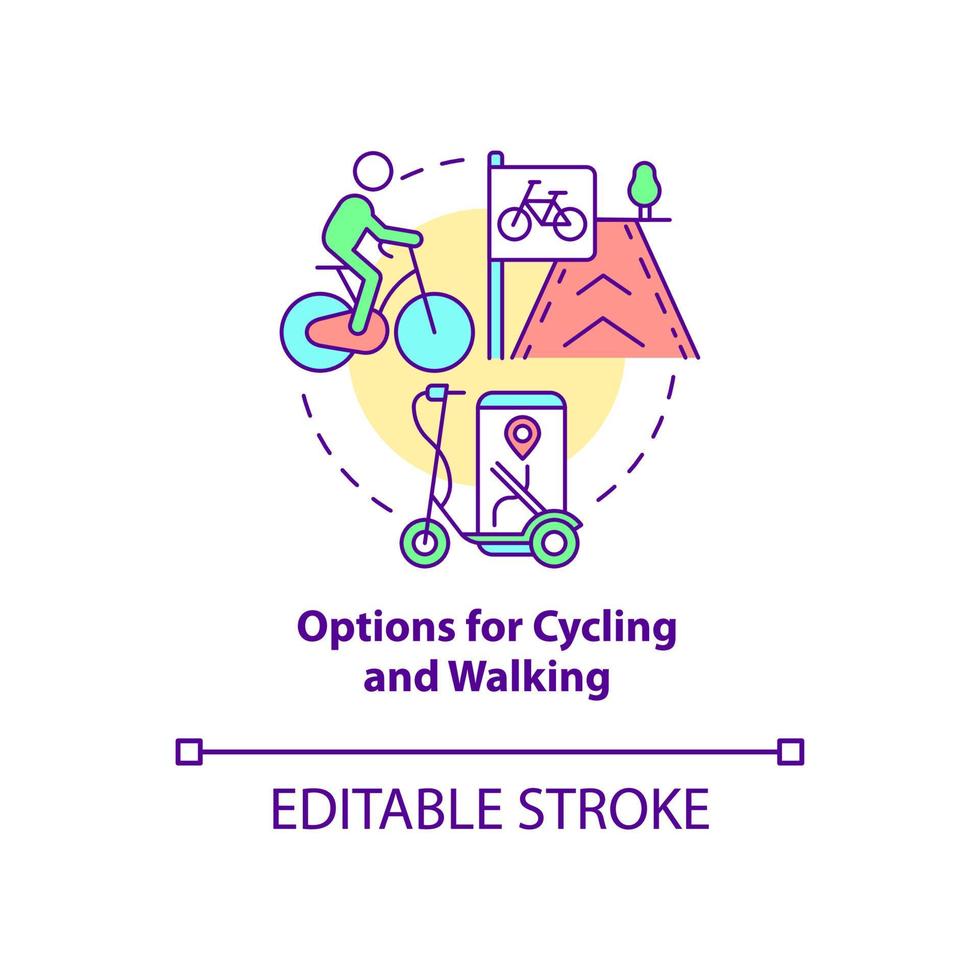 Options for cycling and walking concept icon. City solution abstract idea thin line illustration. Urban ecology. Alternative transportation. Vector isolated outline color drawing. Editable stroke