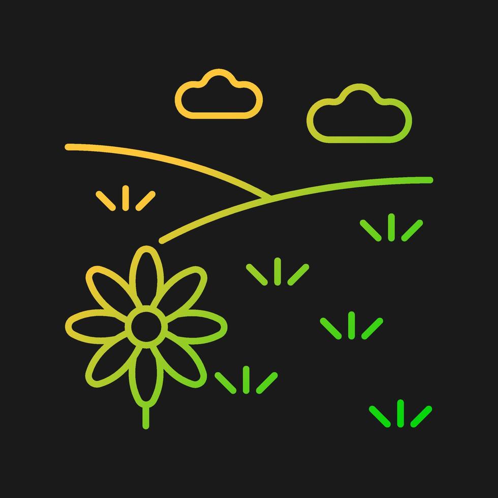 Meadow gradient vector icon for dark theme. Grass covered open land. Field with flowers. Grassland and pastureland. Thin line color symbol. Modern style pictogram. Vector isolated outline drawing