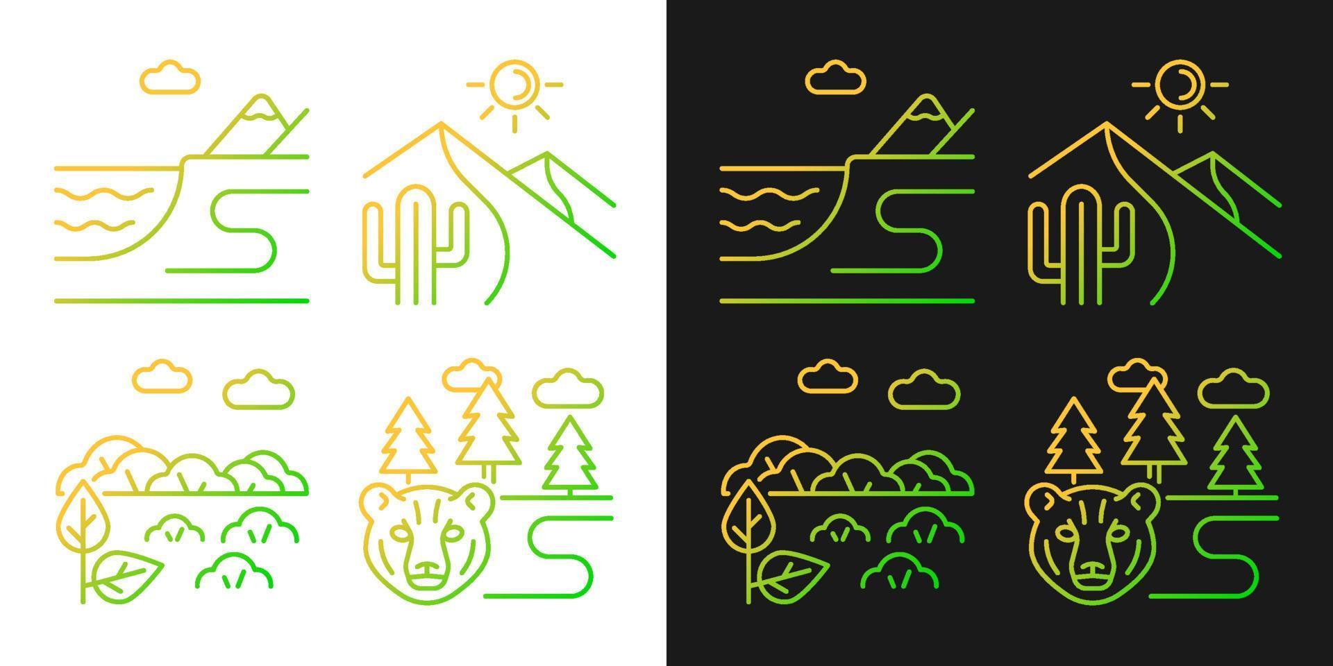 Natural landforms gradient icons set for dark and light mode. Hot desert. Boreal forest. Thin line contour symbols bundle. Isolated vector outline illustrations collection on black and white