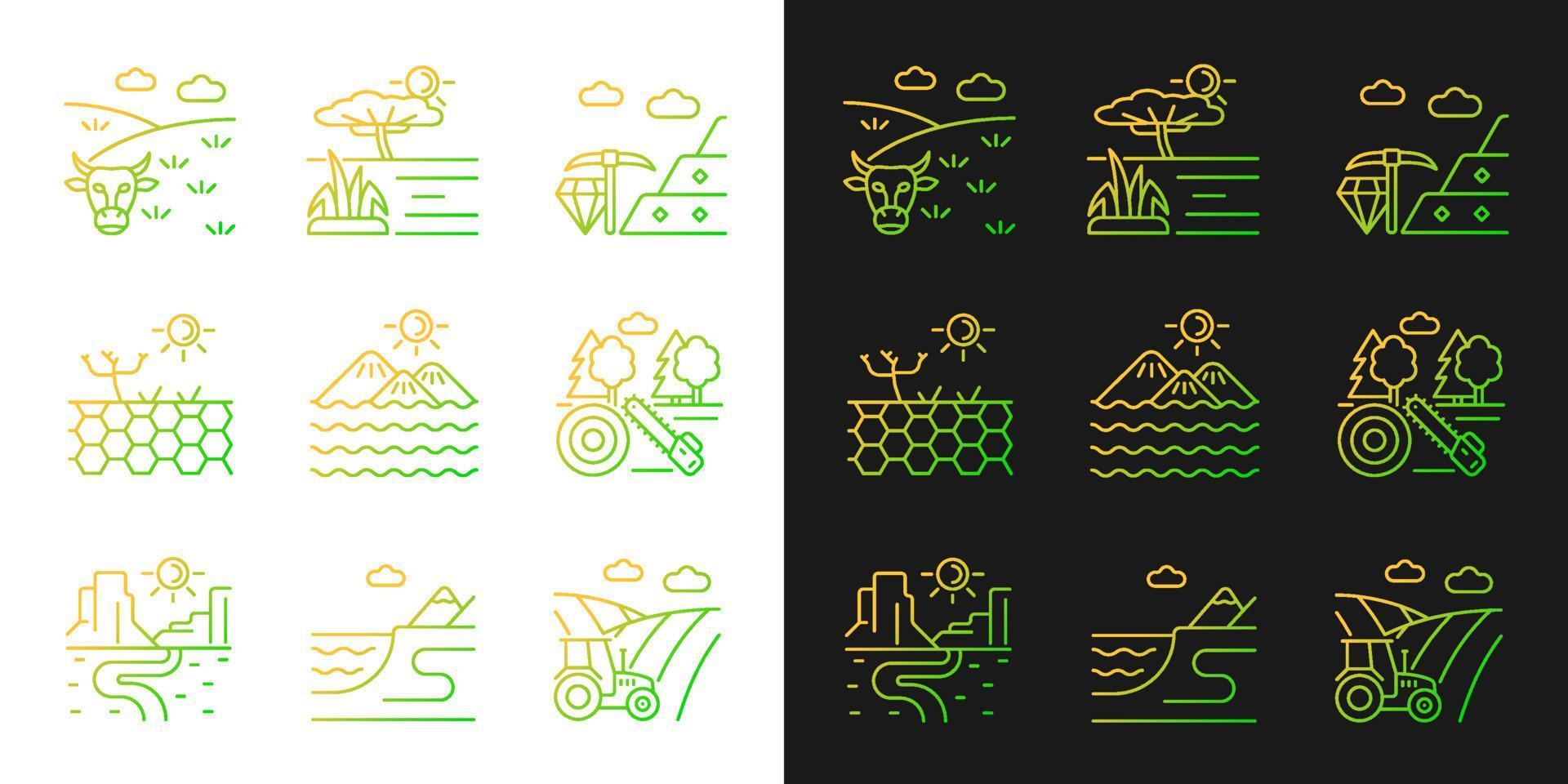 Industrial land gradient icons set for dark and light mode. Mining and timber processing lands. Thin line contour symbols bundle. Isolated vector outline illustrations collection on black and white