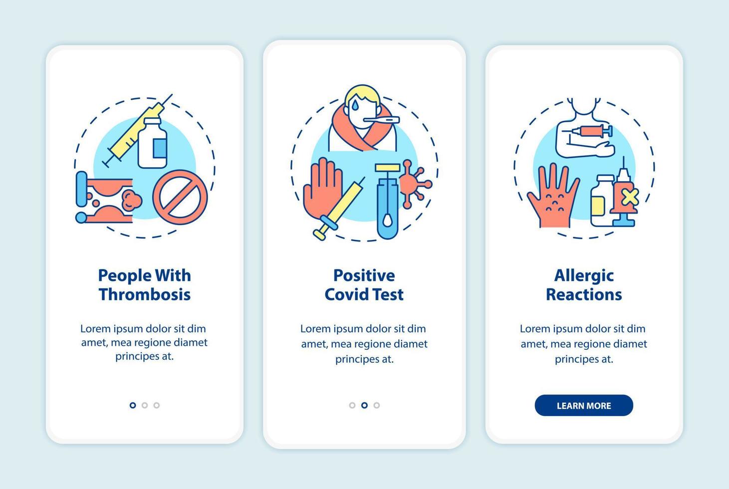 Contraindications to vaccines onboarding mobile app page screen. Positive covid test walkthrough 3 steps graphic instructions with concepts. UI, UX, GUI vector template with linear color illustrations