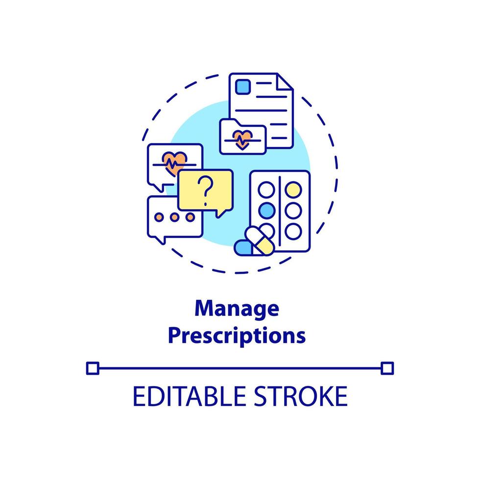 Manage prescriptions concept icon. Annual checkup abstract idea thin line illustration. Personal treatment recommendations. Patient record. Vector isolated outline color drawing. Editable stroke