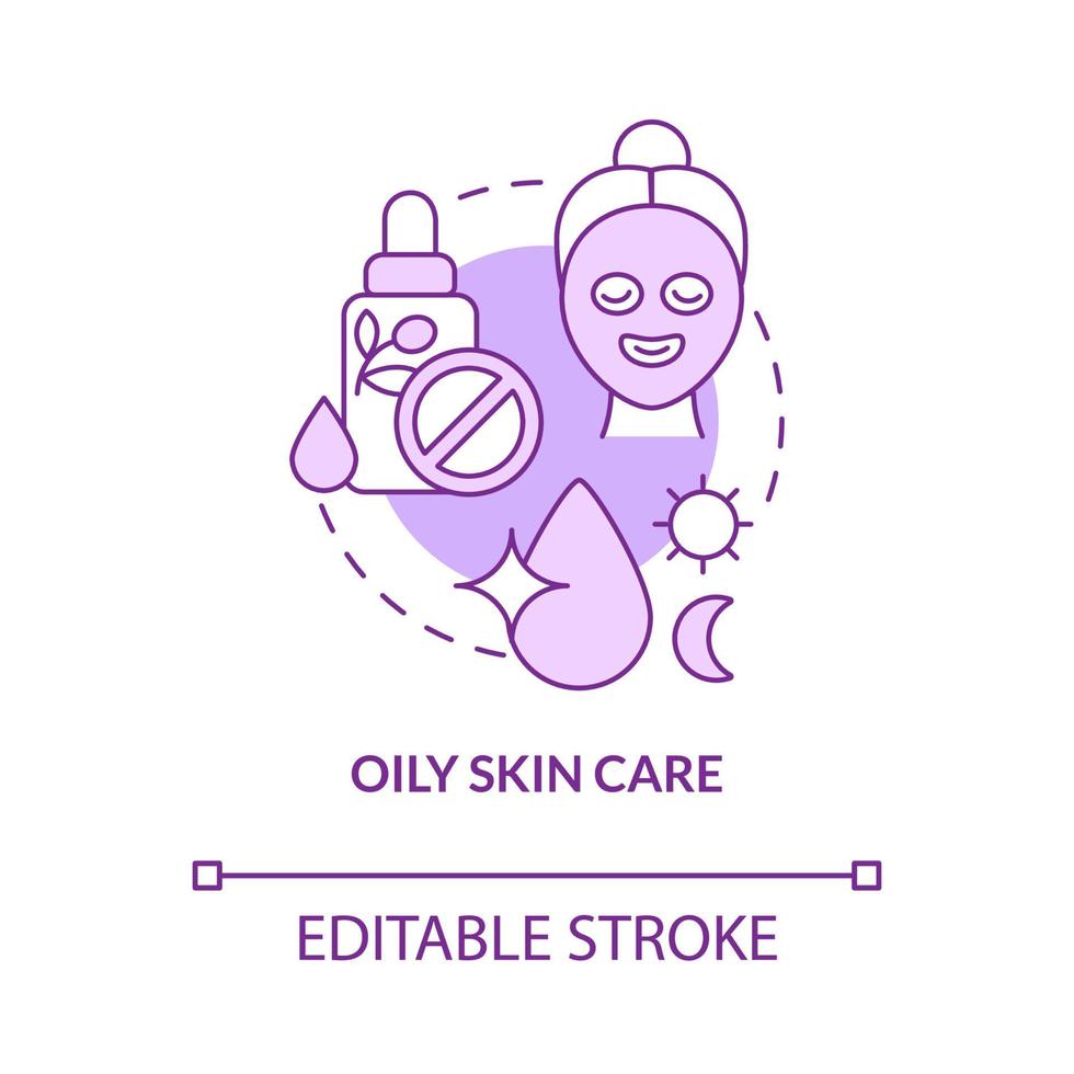 Oily skin care purple concept icon. Everyday routine procedures abstract idea thin line illustration. Isolated outline drawing. Editable stroke. Roboto-Medium, Myriad Pro-Bold fonts used vector