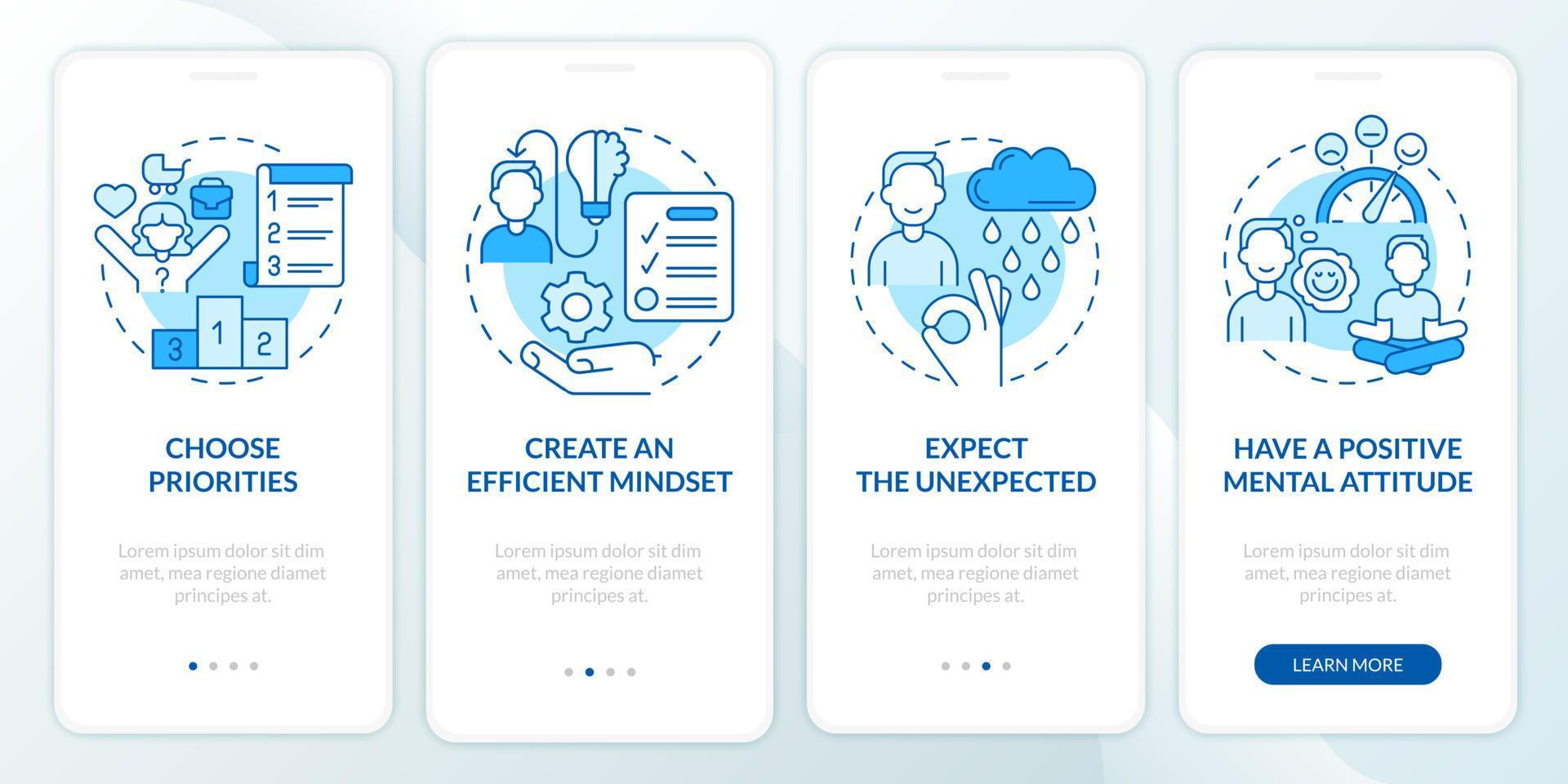 Balanced life tips blue onboarding mobile app screen. Healthcare benefits walkthrough 4 steps graphic instructions pages with linear concepts. UI, UX, GUI template. Myriad Pro-Bold, Regular fonts used vector