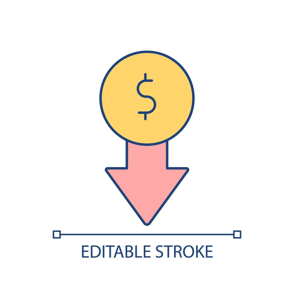 Decreasing price RGB color icon. Cost reduction. Lower expenses and expenditures. Discount and sale. Isolated vector illustration. Simple filled line drawing. Editable stroke. Arial font used
