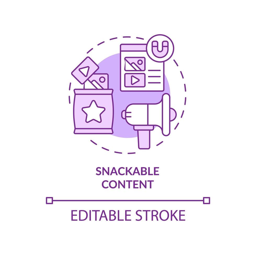 Snackable content purple concept icon. SMM campaign. Internet marketing trend abstract idea thin line illustration. Isolated outline drawing. Editable stroke. Arial, Myriad Pro-Bold fonts used vector