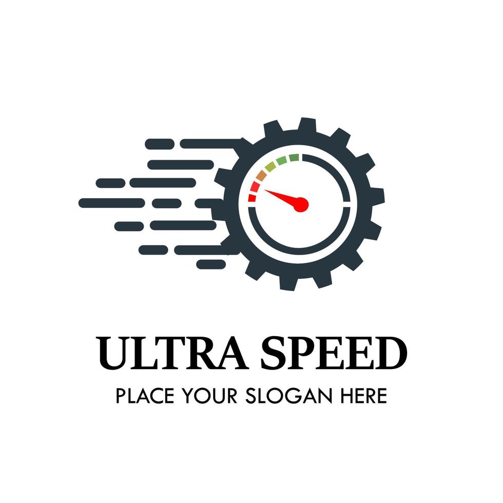 Ultra speed meter with gear vector logo template. This design is suitable for factory, engineering, car, machine, industrial.