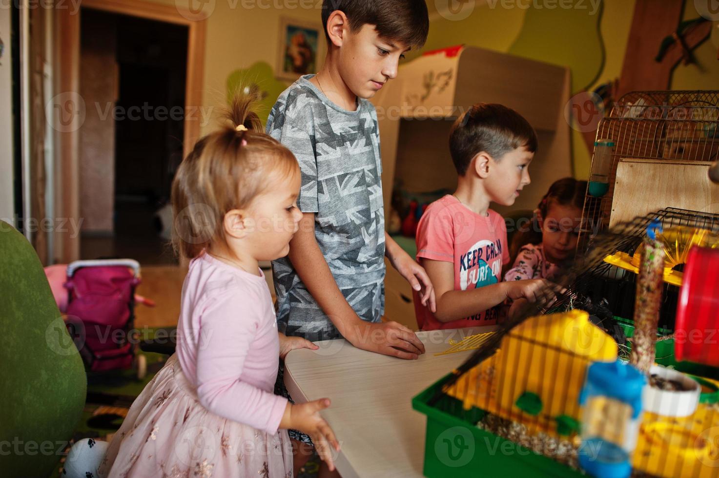 Four children holding their favorite pets on hands. Kids playing with hamster,turtle and parrots at home. photo