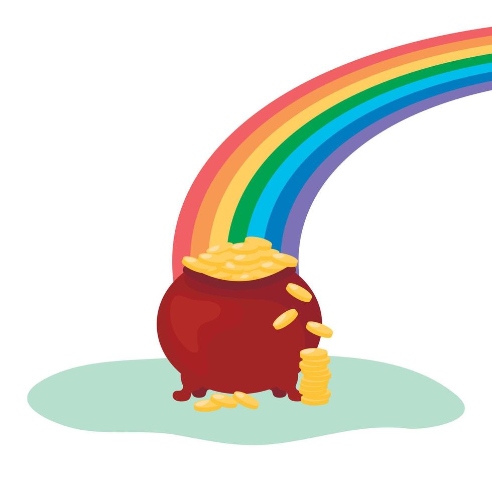 olla con oro y colorido arco iris. símbolo de las vacaciones irlandesas del día de San Patricio. olla de hierro fundido de duende llena de monedas de oro brillante. ilustración plana vectorial vector