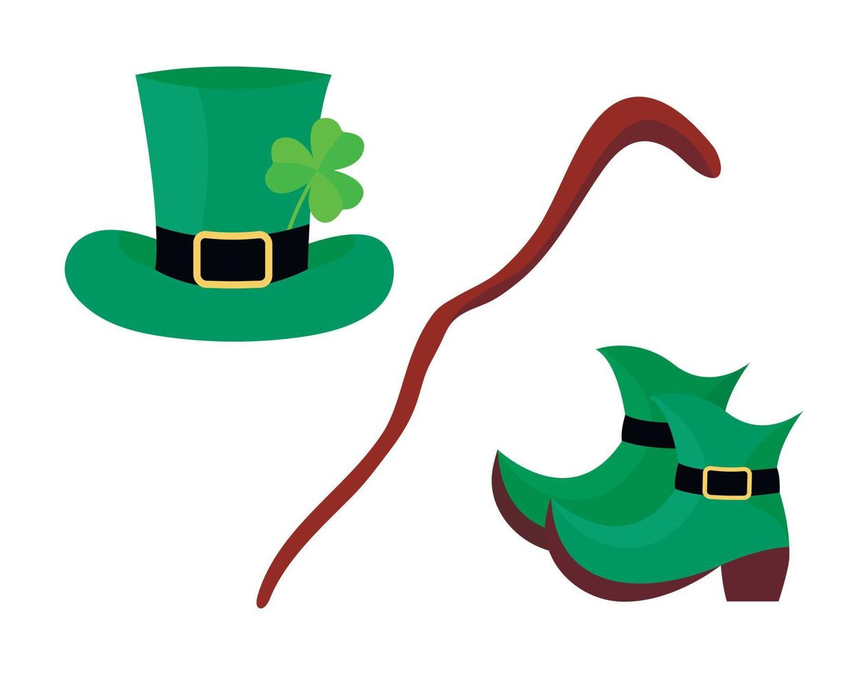 sombrero, zapatos y bastón de duende. conjunto de accesorios aislado. elementos de vacaciones del día de san patricio. ilustración plana vectorial vector