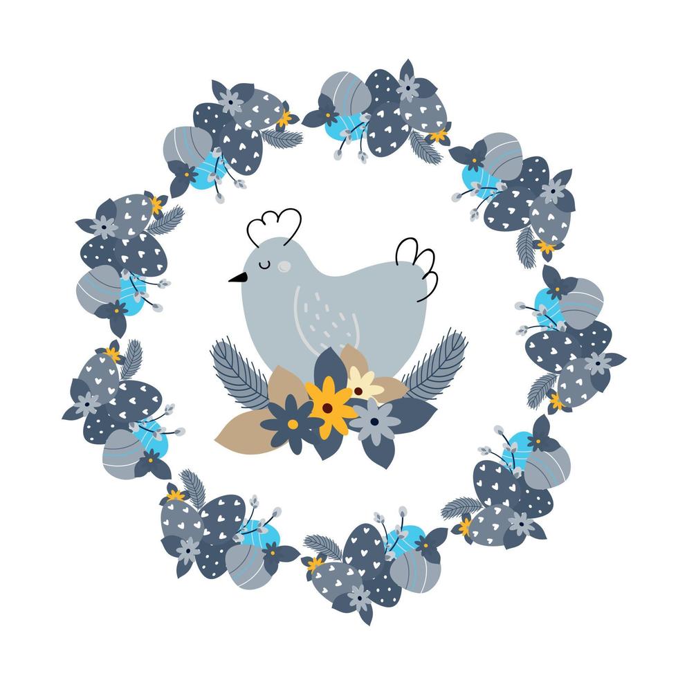 ilustración conceptual de pascua con pollo y corona de pascua decorada con  huevos, plumas, flores 5850245 Vector en Vecteezy