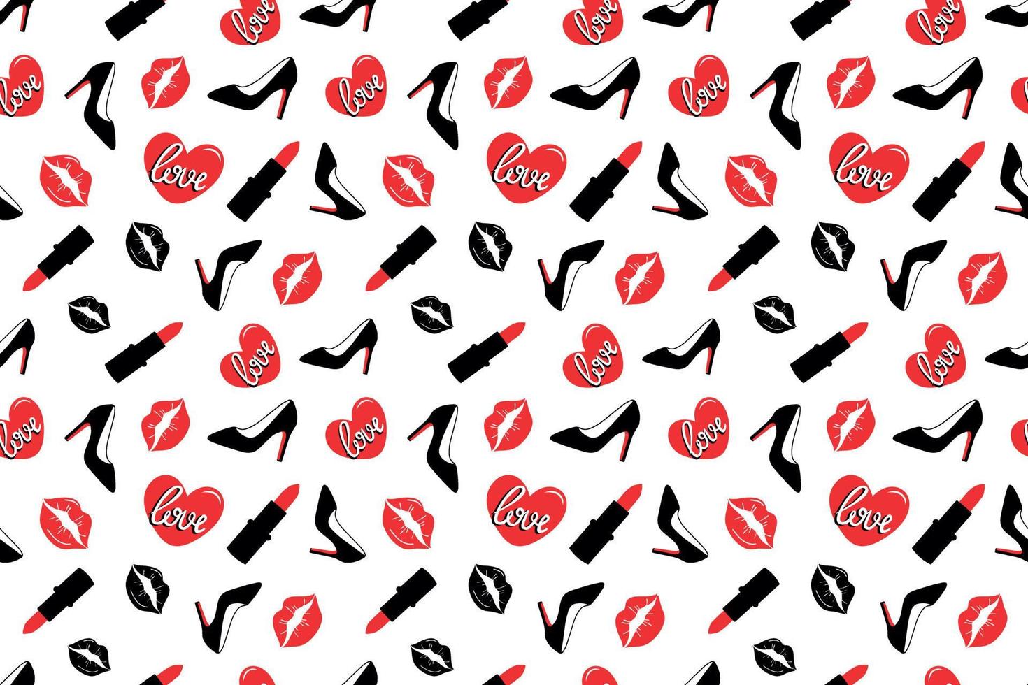 seamless pattern with womens shoes, lipstick, kisses vector