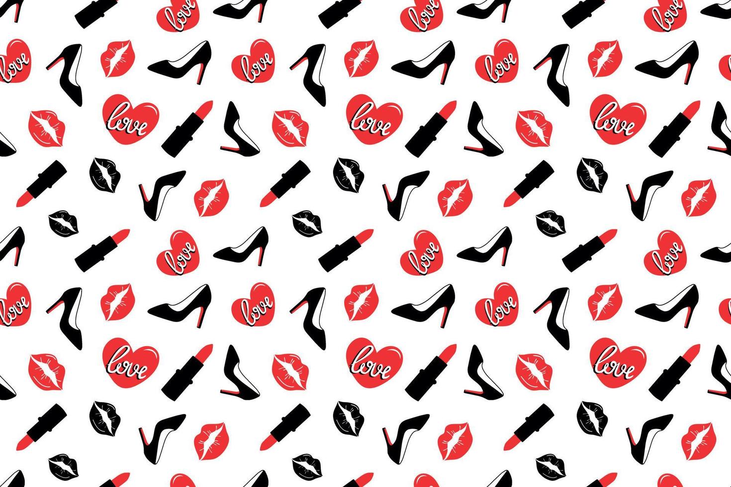 seamless pattern with womens shoes, lipstick, kisses vector