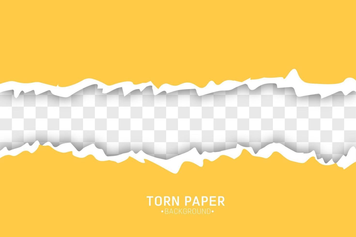 Torn paper edges vector illustration. Piece of torn yellow horizontal paper with soft shadow stuck on white squared background.