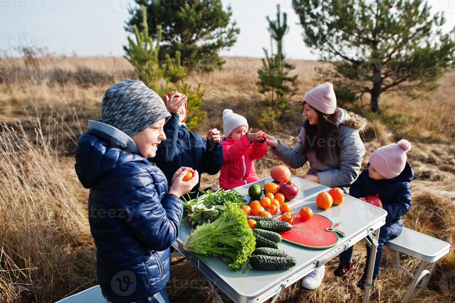 Cheerful mother with kids at a picnic. Family on vacation with fruits outdoor. photo