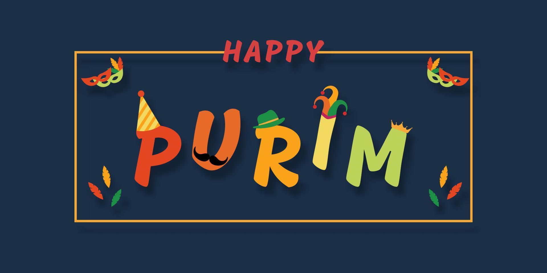 concepto de festival y carnaval de purim. purim colorido con borde rectangular amarillo sobre fondo azul oscuro con sombrero, corona, máscara elegante, estrella de david para tarjeta de saludo, pancarta, sitio web. fiesta judía. vector