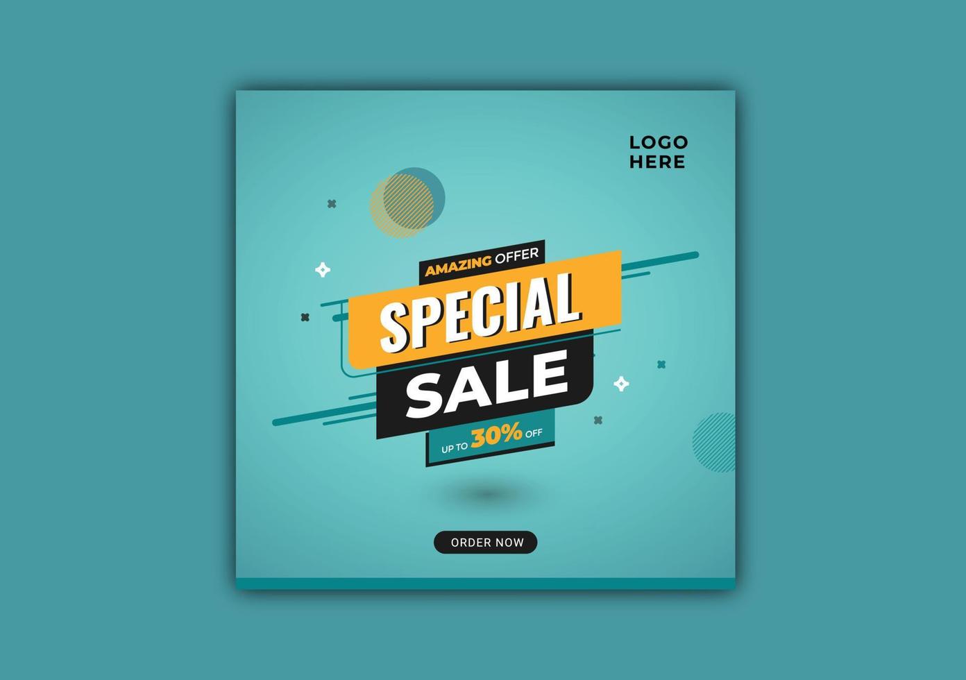 venta especial hasta 30 por ciento de descuento. diseño de plantilla de banner de venta con fondo de color acuático dinámico y color brillante. aplicable para promoción, publicación en redes sociales, kit de marketing vector