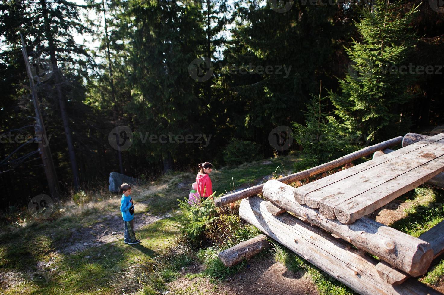 Mother with kids  in mountains. Family travel and hiking with childrens. photo