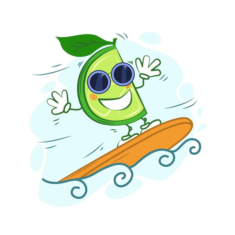 Cartoon lime surfer on a white isolated background. Vector illustration.