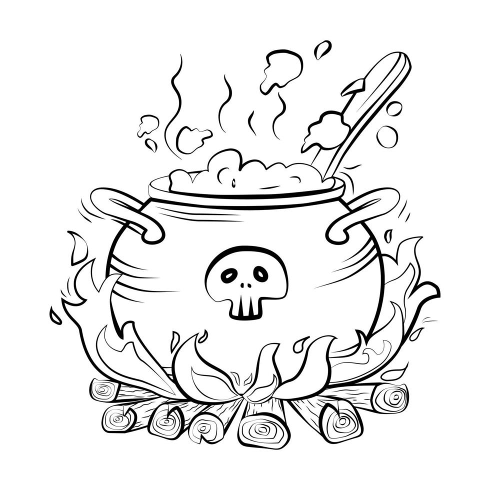 Magic Witch's cauldron with boiling potion on the fire. With the skull. Halloween. Vector. Isolated background. vector