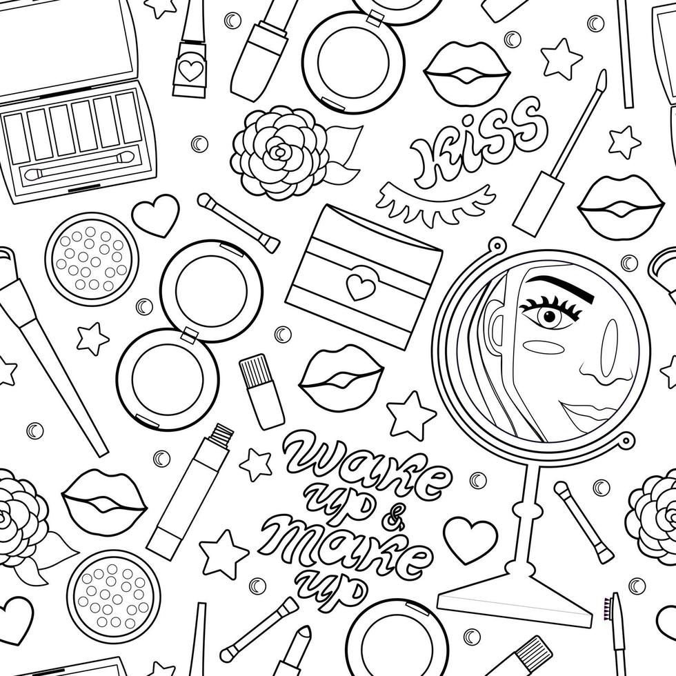 Vector seamless pattern with cosmetics, the mirror, the aesthetics of beauty. Text. Background.
