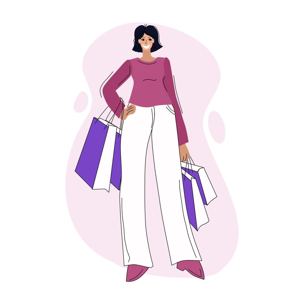 Happy woman with shopping on an isolated background. Vector illustration.