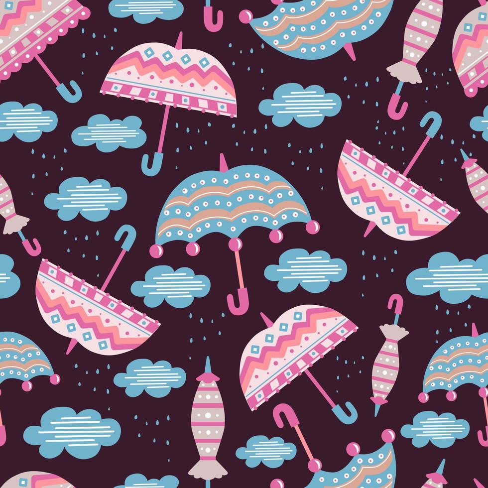 Vector seamless children's pattern with umbrellas and clouds. Doodle style. The objects are isolated.