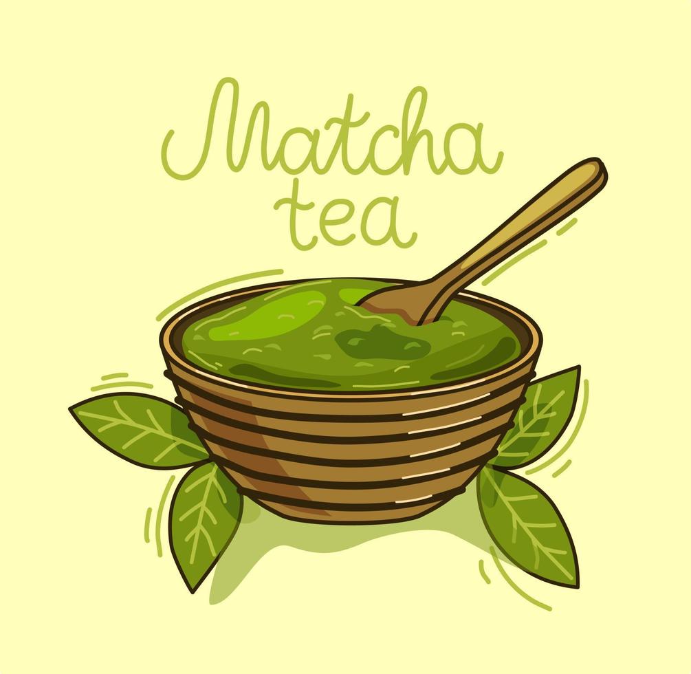 Matcha tea powder in a Cup with a spoon and tea leaves on an isolated background. Vector illustration.