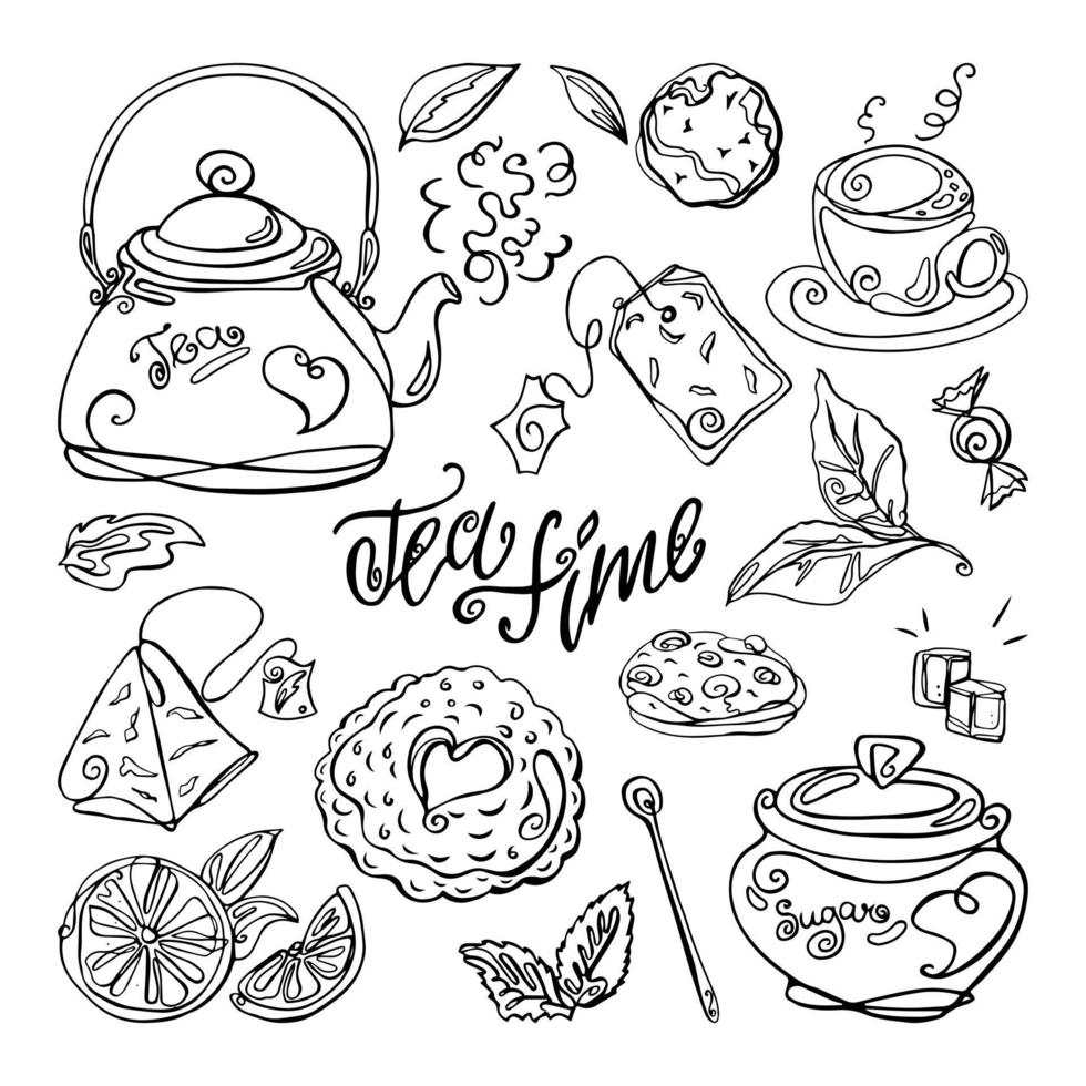 Hand drawn tea set on white isolated background. Vector illustration.