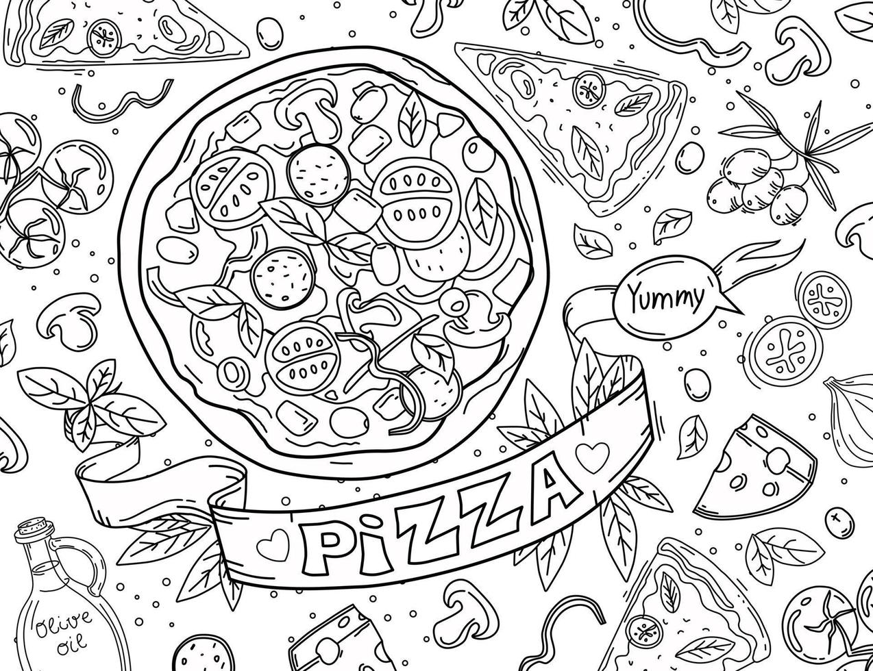 Italian pizza and ingredients are isolated on a white background. Italian cuisine menu design template. Outline.Vector illustration. Coloring book. vector
