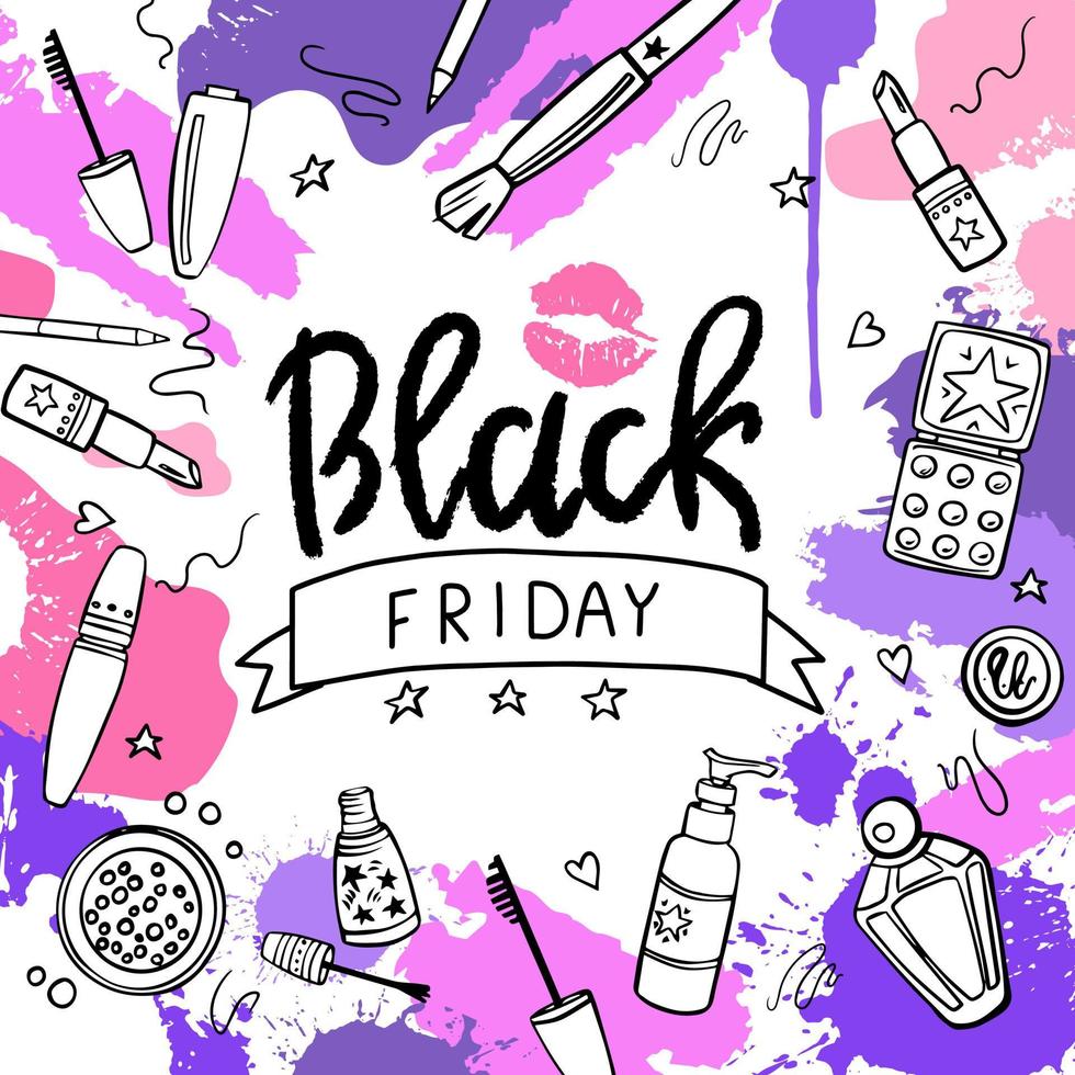 Vector hand-drawn Black Friday banner. Sale of cosmetics.Objects are isolated.